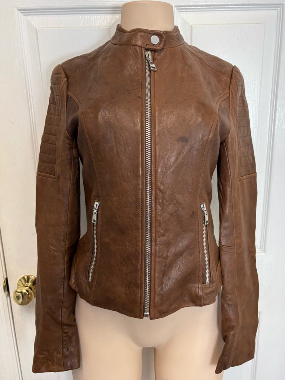 Wilson’s Vintage USA Brown Leather Moto Jacket XS Distressed Biker Zip Front